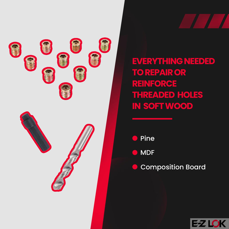 E-Z LOK Threaded Inserts for Wood, Repair Installation Kit, Includes Steel Hex Drive Flanged Thread Inserts, 5/16-18 Internal Thread, 15mm Length, Drill, Installation Tool