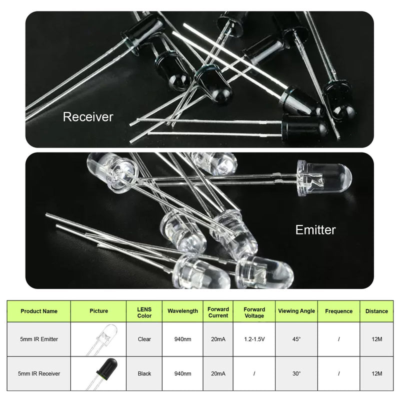 F5 940nm LEDs Infrared Emitter and IR Receiver Diode for Arduino 5MM Infrared Emission+Receiver Tube (Set of 40pcs) 5mm Ir Led Diode Kit (40pcs)