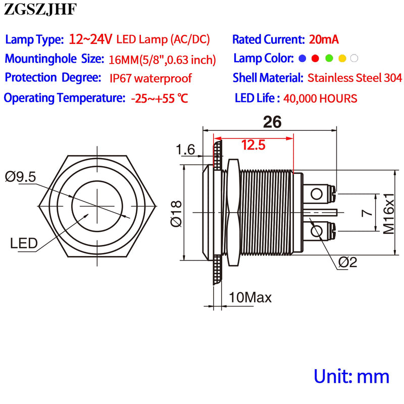 16mm 5/8" Indicator Light Blue Waterproof Large Light Stainless Steel Signal Lamp 12 Volt Led Lights 12V-24V DC/AC LED Pilot Lamp 12~24V