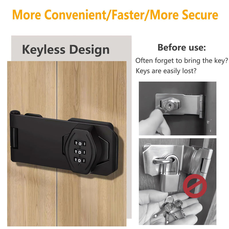 Keyless Combination Lock - 2 Pack 3-Digit Slide Closet Lock Kitchen Cabinet Locks with Code - Password Rotary Hasp Locks for Bathroom Cupboard Pantry Outdoor Garage Garden Barn Door Desk Drawer Black 4 Inch Black 2Pack