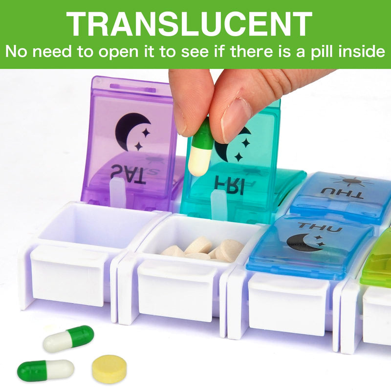 DailyRest Pill Organizer 2 Times a Day, 1 Pack Day Night Pill Case, Detachable Push Button Design, Large Compartment Weekly 7 Day Pill Box, Medicine Organizer for Fish Oil/Vitamins/Supplements 7 Colours