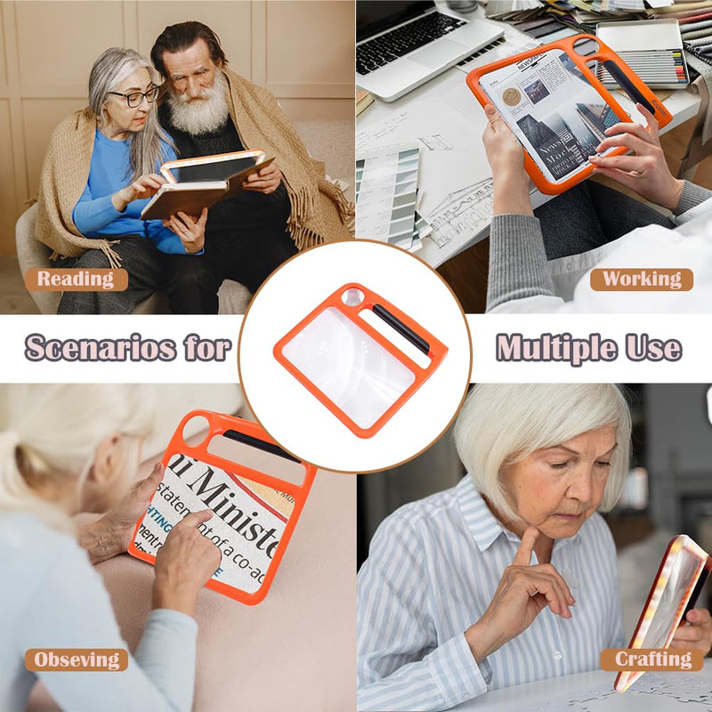 5X 10X Full Page Magnifying Glass for Reading, Rechargeable with 48 Adjustable LED Lights & 3 Light Modes, Comfort-Grip & Lightweight Handheld Magnifier for Seniors, Reading Aid, Low Vision(Orange) Orange