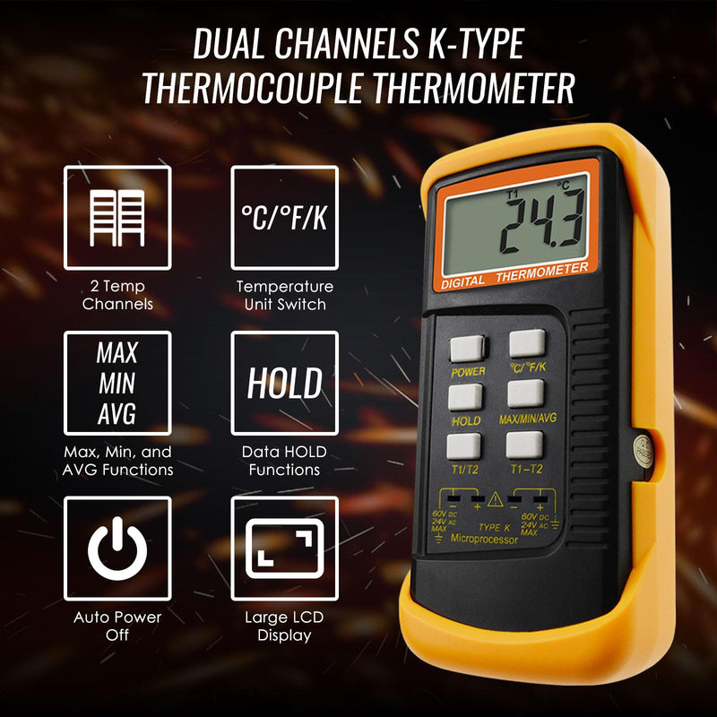K Type Thermocouple Thermometer (-50~1300°C), Dual Channels Digital Thermometer with 2 Temperature Clamp 2 Wired Thermocouple Probes, High Accuracy Temperature Kelvin Scale Meter Tester