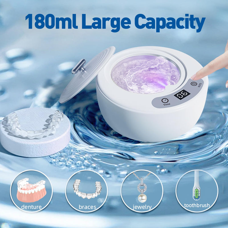 Ultrasonic Retainer Cleaner Machine, 49kHz Dental Cleaning with Digital Timer & 200ML, Ultrasonic Dentures Cleaner for Denture, Guards, Aligners, Night Guards, Braces & Jewelry with 5 Modes