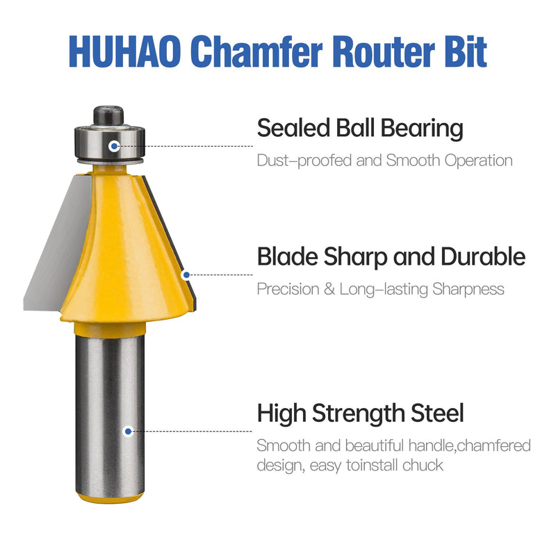 HUHAO 3Pcs Chamfer Router Bit Set 1/2 Inch Shank Bevel Router Bits 15, 22.5, 30 Degree 3pc