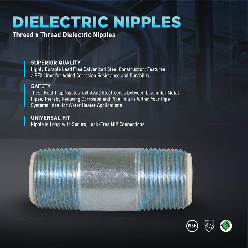 Midline Valve EOUU4060 Dielectric Nipple Pipe Fitting with PEX Lining; 4'' MIP Connections; 6'' Long; Galvanized Steel; Reduces Electrolysis