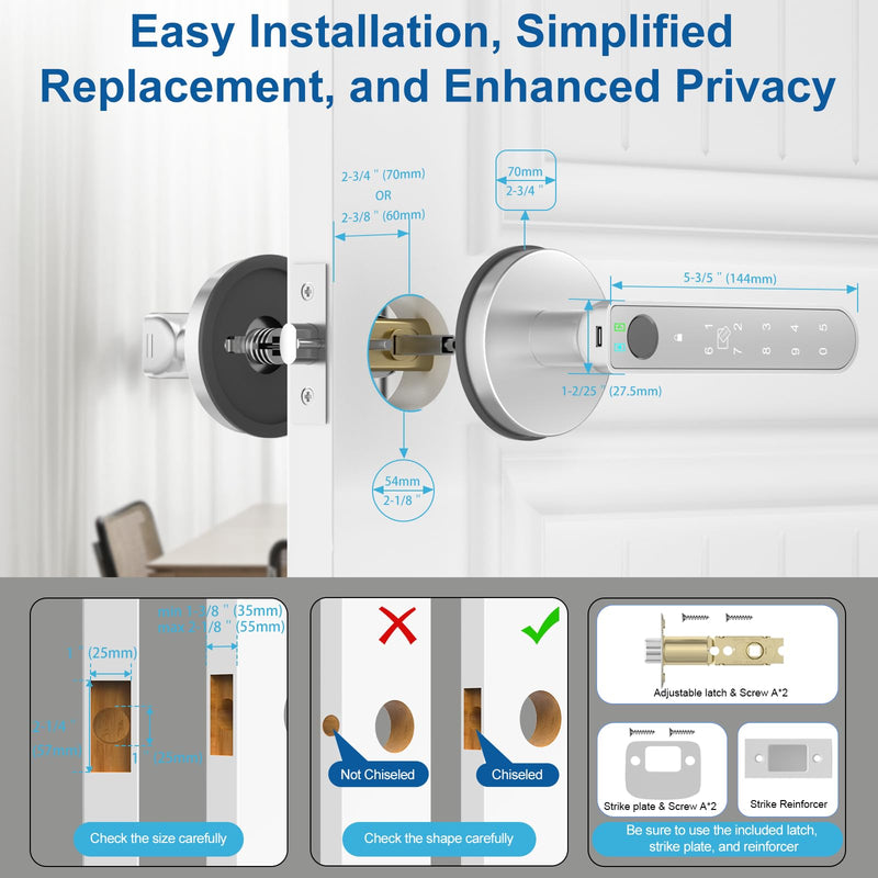 Fingerprint Door Lock Smart Fingerprint Door Knob with Keyless Entry Biometric Door Lock with Keypad App Control Easy Installation for Home Bedroom Office(Silver) Silver