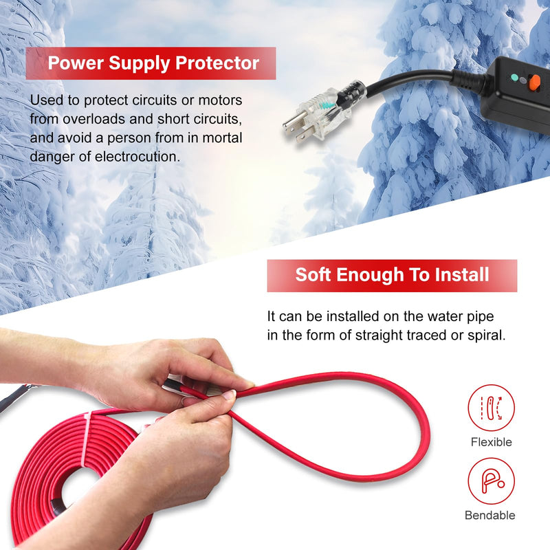 OEBLD Heat Tape for Water Pipes 6FT, Replaceable Smart Thermostat for Pipe Freeze Protection, Self-Regulating Roof Deicing Cable for Metal and Plastic Home Pipes