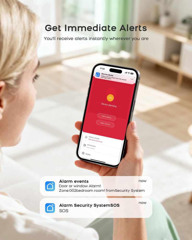 WiFi Door Alarm System, Wireless Alarm System 5 Piece Kit with Phone APP Alert Alarm Siren Door Window Sensor Motion Sensor Compatible with Alexa No Contract Ideal for Home CL519-A
