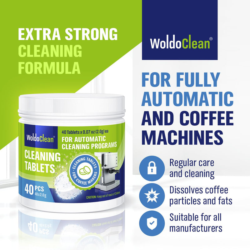 WoldoClean Espresso Machine Cleaning Tablets 40x 2g - Universal Backflush Tablets for Breville Barista Express, Jura, Gaggia, DeLonghi & Phillips, Removes Coffee Oils & Grease Residue Unscented 40 Count (Pack of 1)