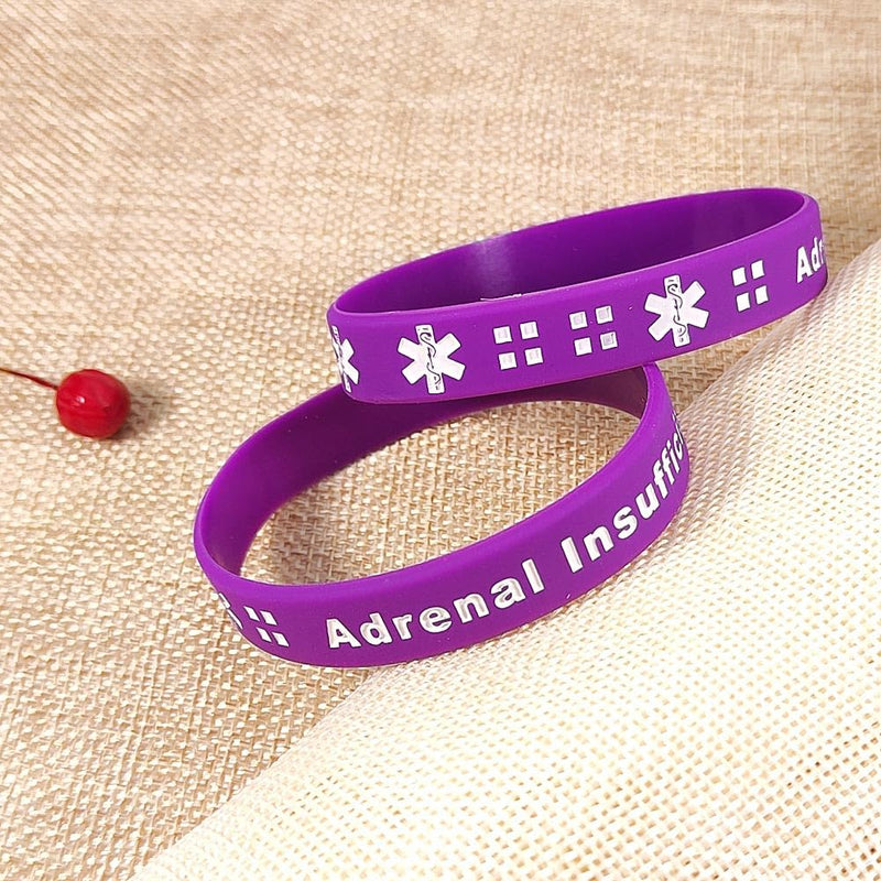 ZKXXJ Adrenal Insufficiency Wrist Band Purple Rubber Medical Id Bracelet Medical Disease ID Bracelets Emergency Identification Jewelry Stretch Wristbands with Medic Wallet Insert Card 6 Packs