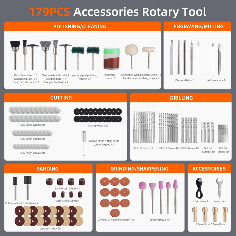 Cordless Rotary Tool Kit: 12-Speed 25000RPM Mini Rotary Tool with 179 Accessories, 7.4V Rechargeable Engraving Tool for 3D Printed Finishing, Sanding, Cutting, Drilling, Polishing, DIY Crafts