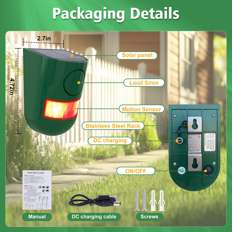 ChunHee Solar Motion Sensor Alarm Outdoor 4 Working Mode Motion Activated Alarm 129dB Loud Sound Noise Maker IP65 Waterproof Motion Detector with Strobe Light for Yard Farm Garden 2PC Green-2pack