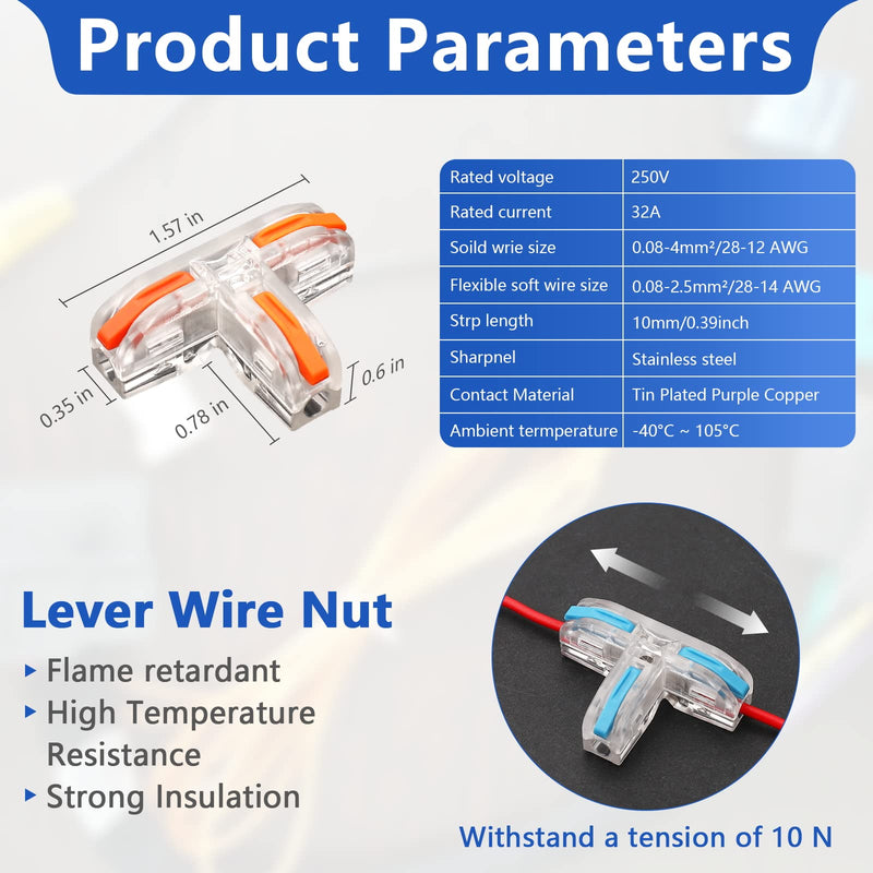 10 pcs 1 Conductor Compact Wire Connectors Splicing Connectors and 10 pcs Quick Splitter 3 Pin 1 Way Wire Connector (T-Shape Lever Nut Wire Connector), 28-12 AWG