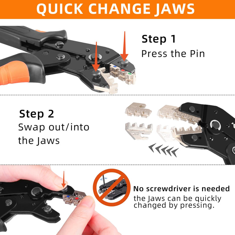 KF CPTEC 6PCS Multi-functional Wire Crimping Tool with Quick-Change Jaws for Spade, Insulated & Non-insulated Terminals, Ferrules, Solar Connectors, Coaxial Cables for Pro Electrical Repairs 6PCS Multi-functional Crimping Tool