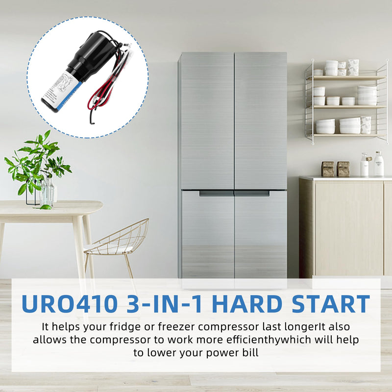 Upgrades URCO410 3 in 1 Hard Start Kit for Refrigerators & Freezers by AMI PARTS -1/4 to 3 in 1 Start Relay - Compressor Hard Start Capacitor 115VAC