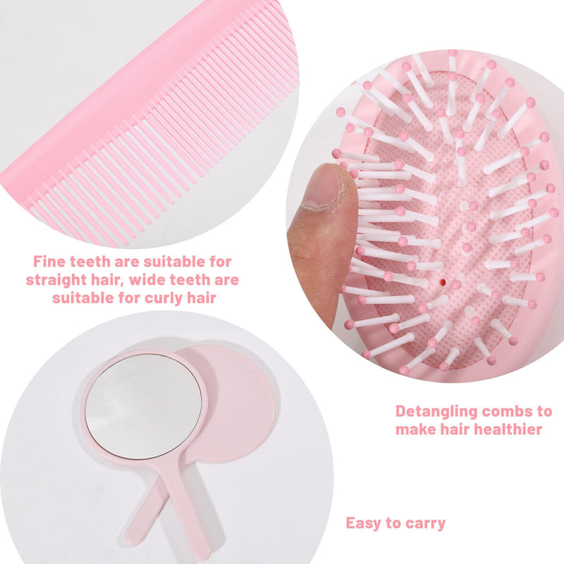 FREEBLOSS 72pcs Mini Hair Brush Set Includes 24 Detangling Hair Brushes 24 Tooth Combs and 24 Handheld Mirror for Spa Birthday Shower Party Travel Gift Box, Pink