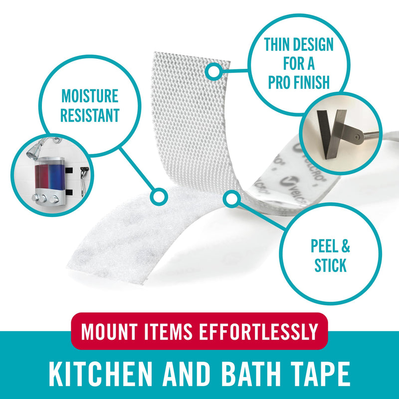 VELCRO Brand Kitchen and Bath Mounting Tape. Moisture Resistant for Installing Shower Accessories and Bathroom Decor. 12ft Heavy Duty Roll Holds 10 pounds. Easy Peel and Stick Application, White 12ft x 1in