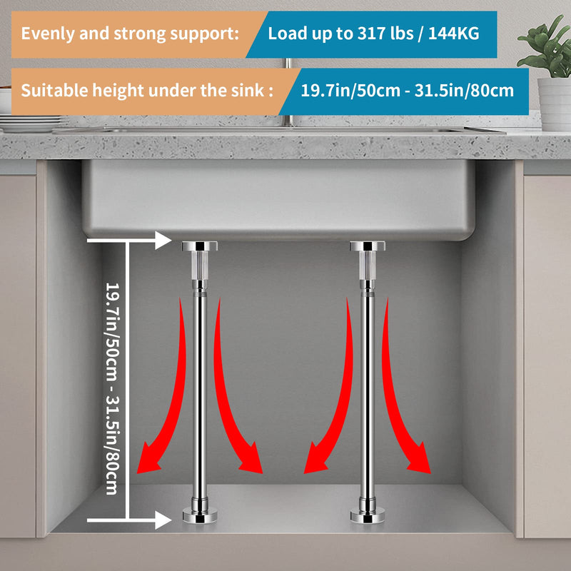 2 Pcs Undermount Sink Brackets Adjustable, Stainless Steel Sink Support Legs, Drill Free Sink Installation and Repair Kit System for Kitchen, Bathroom (19.7"-31.5")