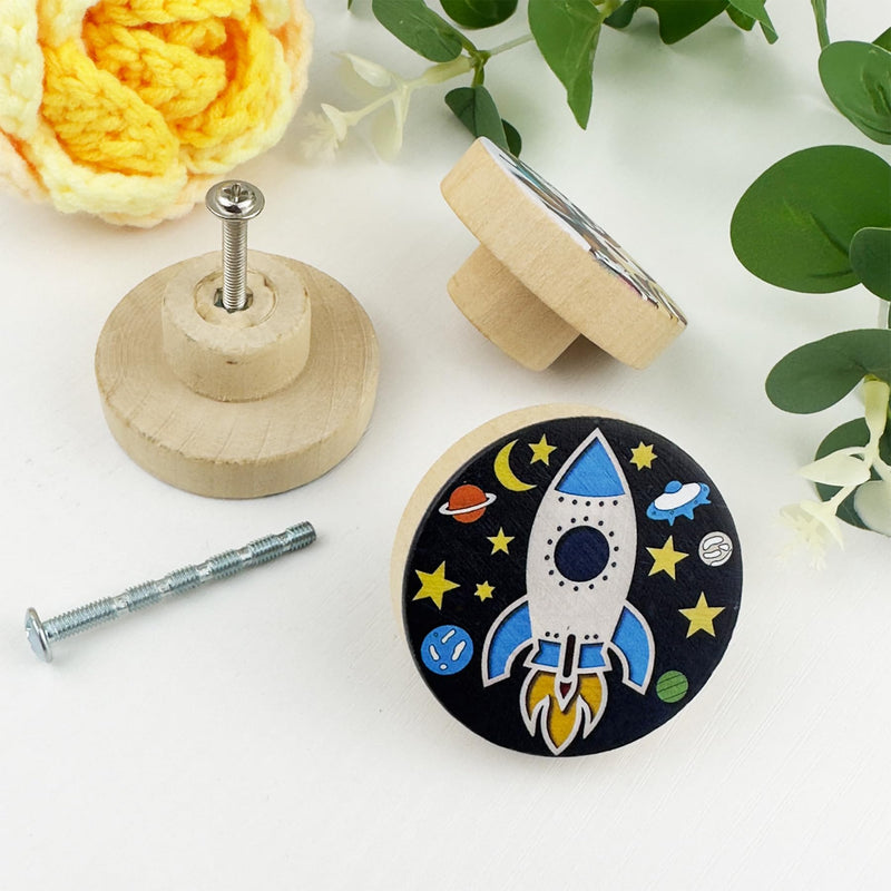 JamJam Set of 8 1.8" Wooden Cabinet Knobs Space Rocket Astronaut Moon Theme Nursery Kids Room Furniture Dresser Drawer Knobs and Pulls