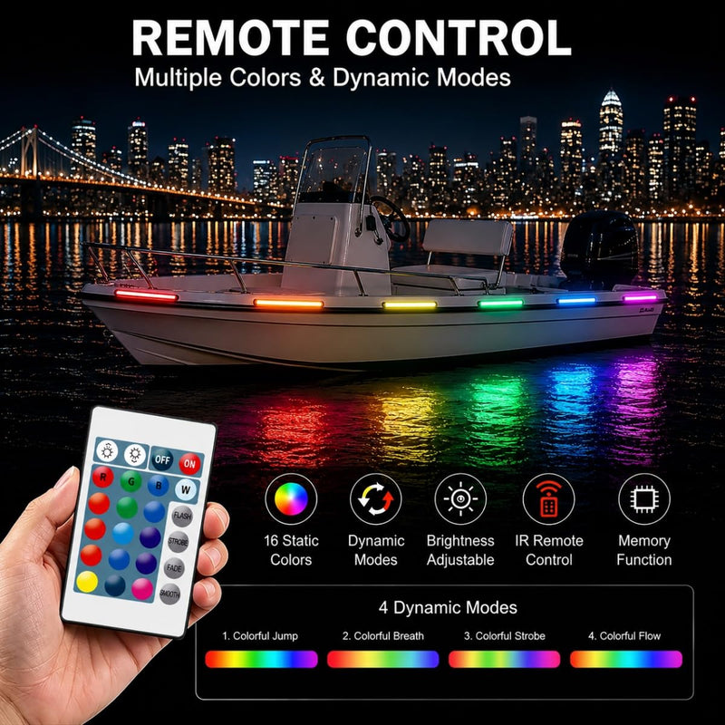Boat Marine Led Strip Lights RGB, 12V 4 Pcs 20'' Waterproof Boat Interior Light, Built-in Controller, Night Fishing Light, Super Bright Boat Deck Courtesy Lighting for Pontoon Bass Boats Kayak 20 inch