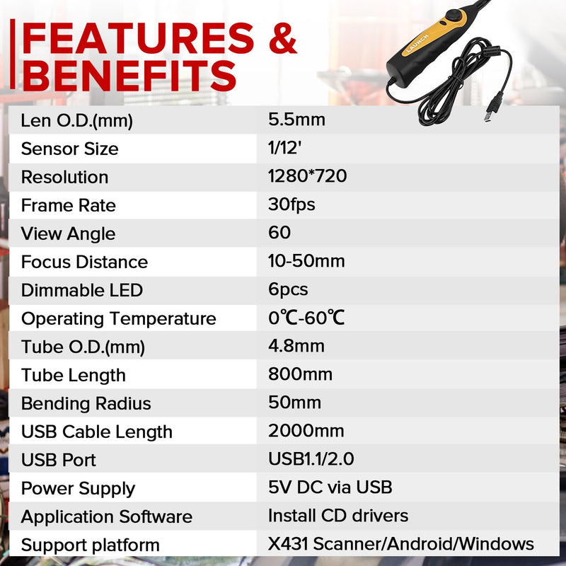 LAUNCH VSP-600 HD Endoscope, 5.5mm Ultra-Thin Borescope Camera | Multi-Angle Imaging, One-Click Snapshot, IP67 Waterproof, Built-in LED Light