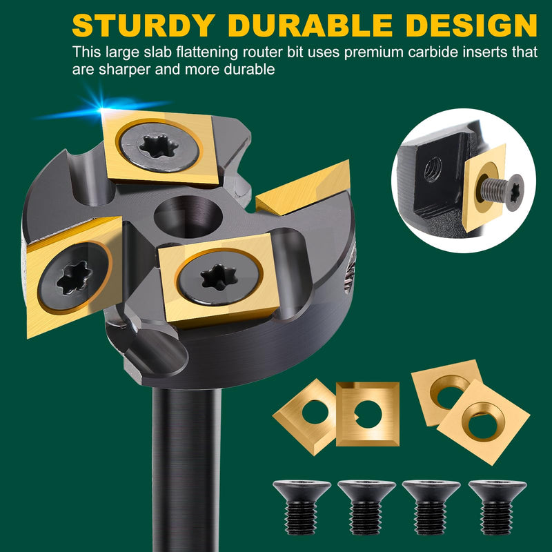 CNC Spoilboard Surfacing Router Bit 1/4'' Shank, 1-1/4'' Diameter | Slab Flattening Router Bits Wood Router Flattening Bit with Titanium Coated Carbide Insert for Wood Planing Bit 1/4" Shank-1-1/4" Cut Dia. (2+2 Inserts) TiN