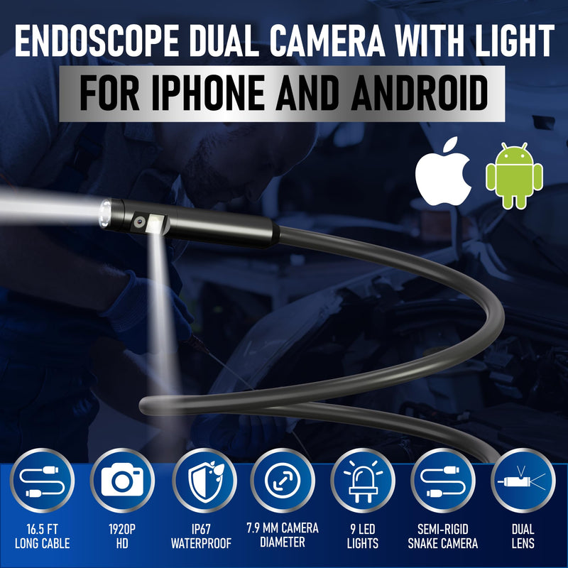 Dual Lens Borescope, Endoscope Camera with Light for iPhone, iPad, Android, 1920P IP67 Waterproof Inspection Camera,16.5FT Semi-Rigid Snake Camera,9 Adjustable Lights,Cool Gadgets for Men 16.5ft