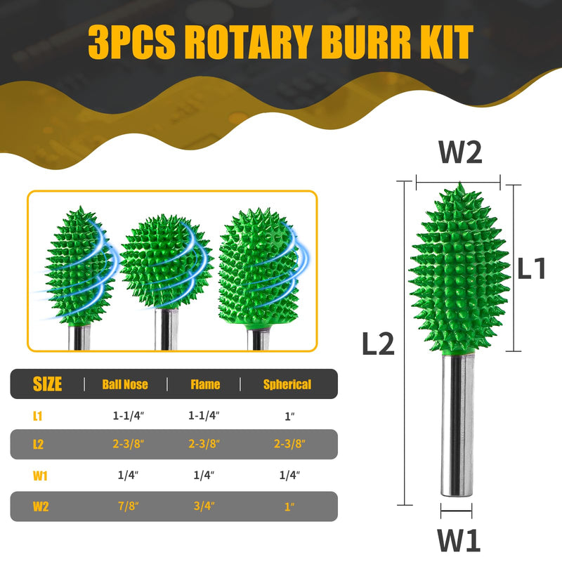 CAELUM 3 Pcs Tungsten Carbide Rotary Burr Kit, 1/4" Shaft Extreme Coarse Woodworking Attachment for Graining Tools, Sphere, Flame, Ball Nose Carving Bit for Wood, Rubber Engraving & Removal 3pcs-Sphere, Flame, Ball Nose