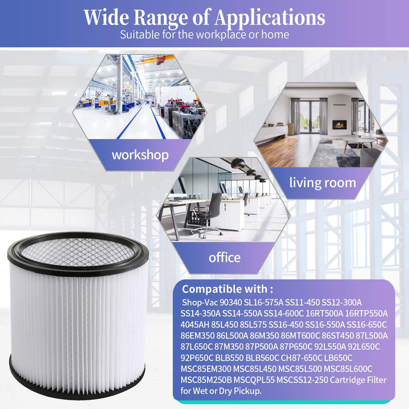 2 Pack Replacement Cartridge Filter Compatible with Shop-Vac Shop Vac 90304, 90350, 90333, 903-04-00, 9030400, Fits most 5 Gallon and Above Wet/Dry Vacuum Cleaners Synthetic