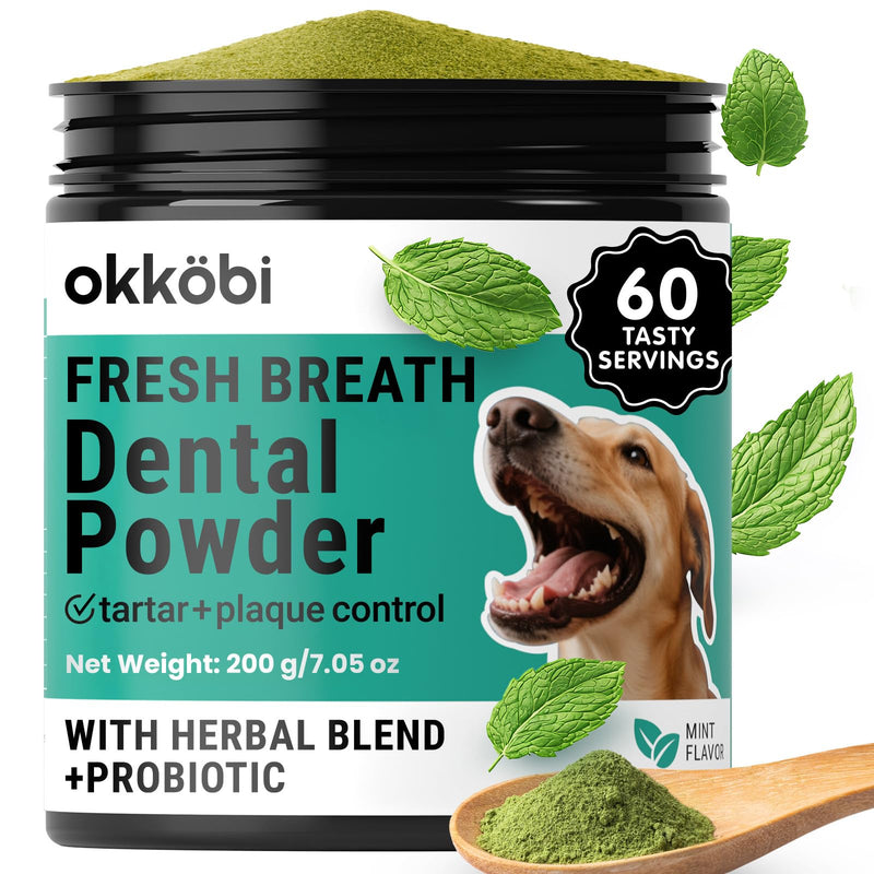 Dog Teeth Cleaning Powder - Dog Breath Freshener + Dental Care for Doggies & Cats + Tartar Remover for Teeth with Natural Ingredients + Probiotics Blend (Mint - 200g) 7.05 Ounce (Pack of 1)