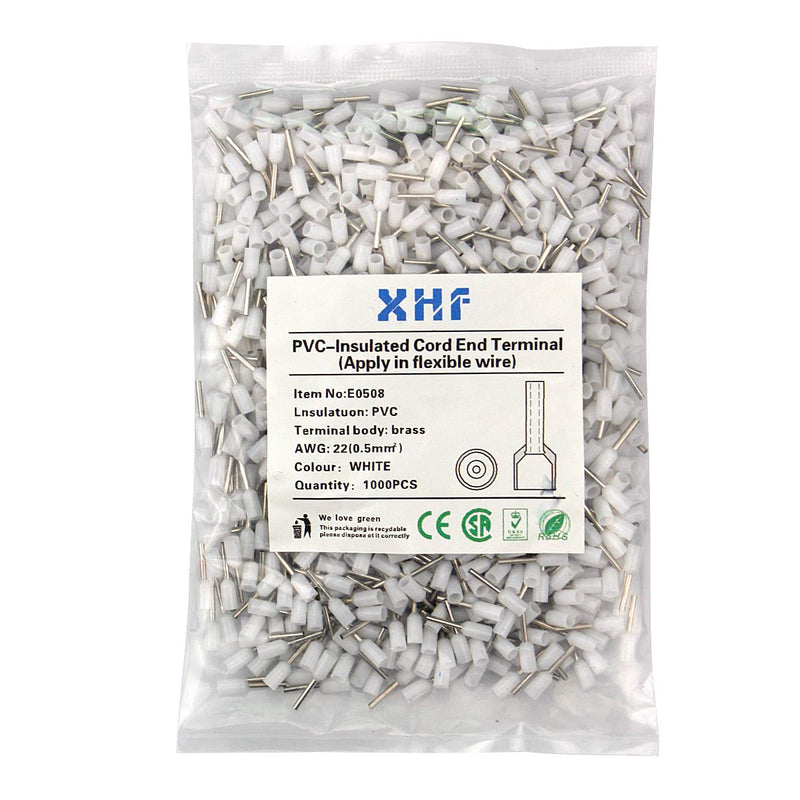 XHF 1000 PCS AWG 22/0.5mm² Wire Ferrules Insulated Copper Crimp Connectors, Crimp Pin Cord End Terminals White