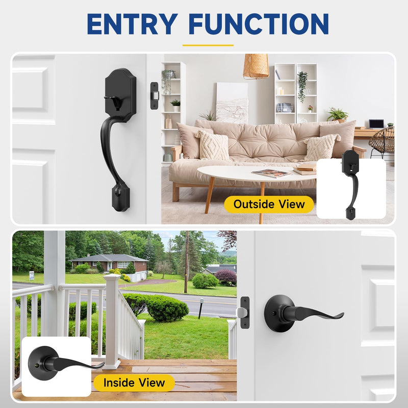 Black Front Door Handle No Lock, Exterior Door Handles with Passage Lever, Entry Door Handle Reversible for Left & Right Matte Black No Deadbolt