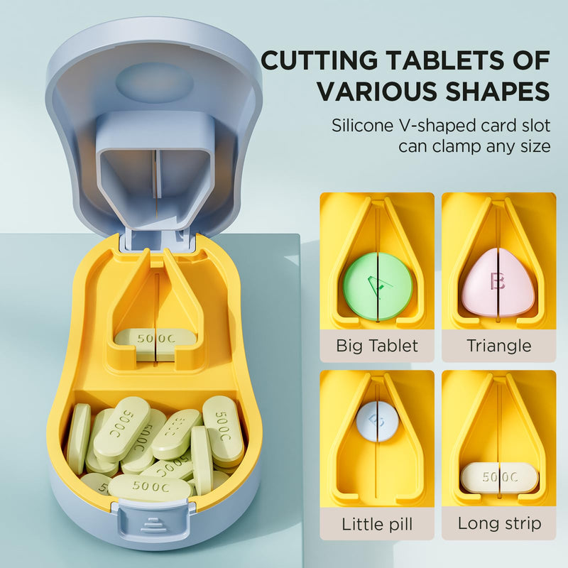 Pill Cutter for Small and Tiny Pills - Pill Splitter with Detachable Silicone Pad - Easy Open Snap Button. Wrap-Around Blade Guard Prevents Cuts. Back Storage (Blue) Blue