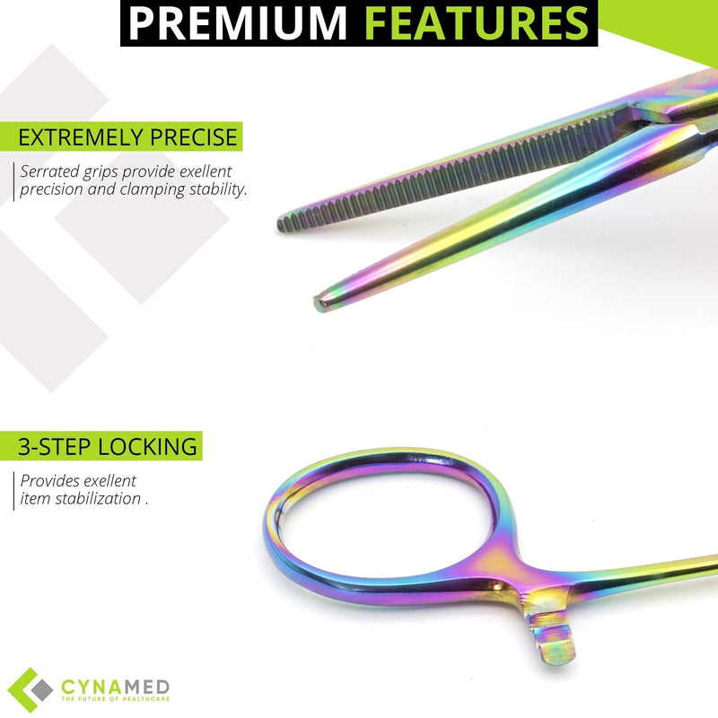 Cynamed Set of 2 Artzone Multi Color Hemostat Forceps with Serrated Jaws, Stainless Steel Rainbow Pliers - 5 inch Small Forceps - 5 in.
