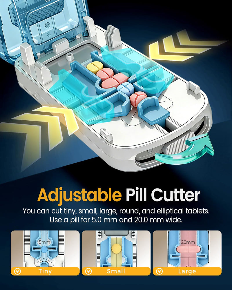 Professional Pill Cutter for Small Pills, 3-in-1 Pill Cutter Splitter for Small or Large Pills- Safely Cuts 1/2, 1/3, and 1/4 Multiple Pills Splitter, Adjustable Pill Cutter with Storage Box (Blue) Blue