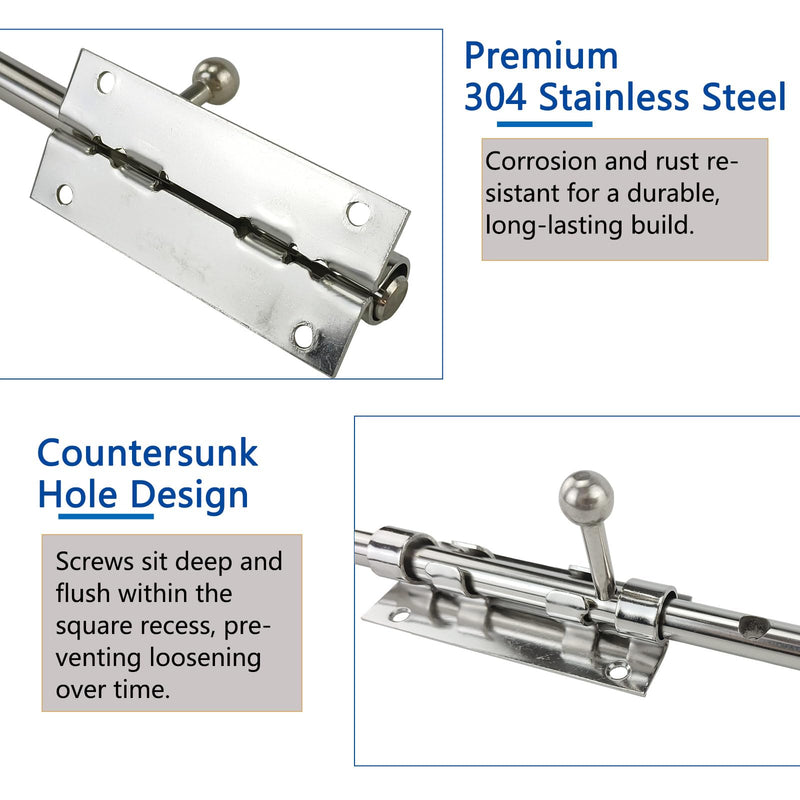 2PCS 304 Steel Silver 12" Slide Bolt Latches, Heavy-Duty 304 Stainless Steel Gate Door Slide Latches