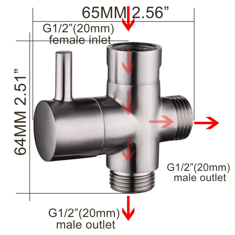 Shower Flow Control Valve G1/2" Brass 3 Way Shower Diverter Valve for Hand Shower and Shower Arm, Brushed Nickel, DSF007NA
