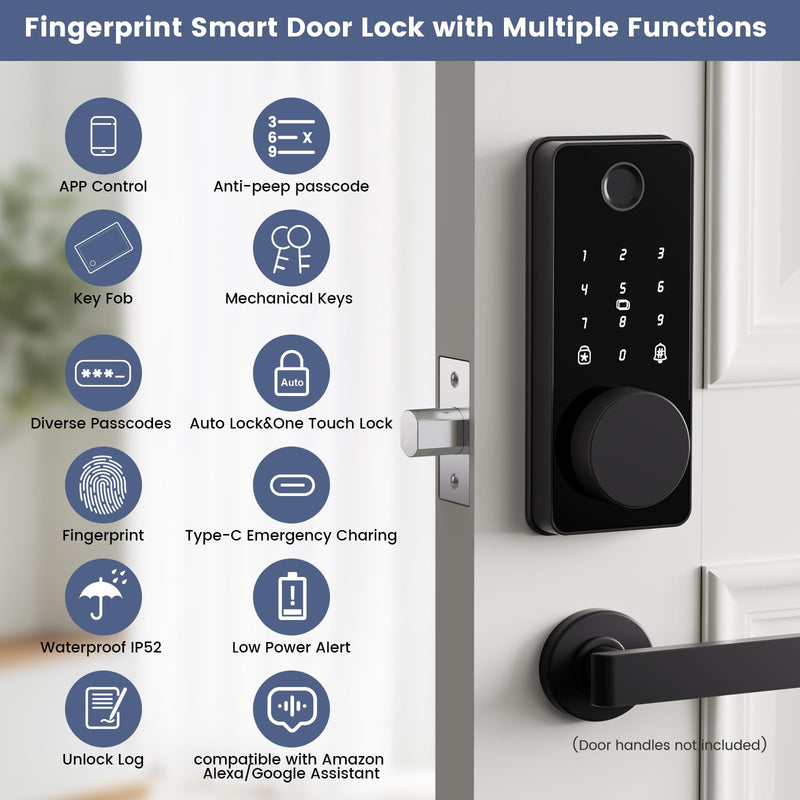 Smart Deadbolt Door Lock with Keypad,Fingerprint Door Lock,Keyless Entry Electronic Door Lock, Auto Lock&One Touch Lock, App Control 8 digits-Glossy Black