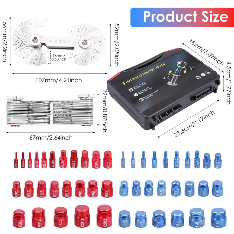 52-Piece Nut and Bolt Thread Checker + Thread Gauge Set, 28 SAE (Blue) and 24 Metric (Red) with 58-Blade Pitch Gauge, Portable Bolt Size Finder for Tight Spaces, Mechanics Repairs, and DIY Projects