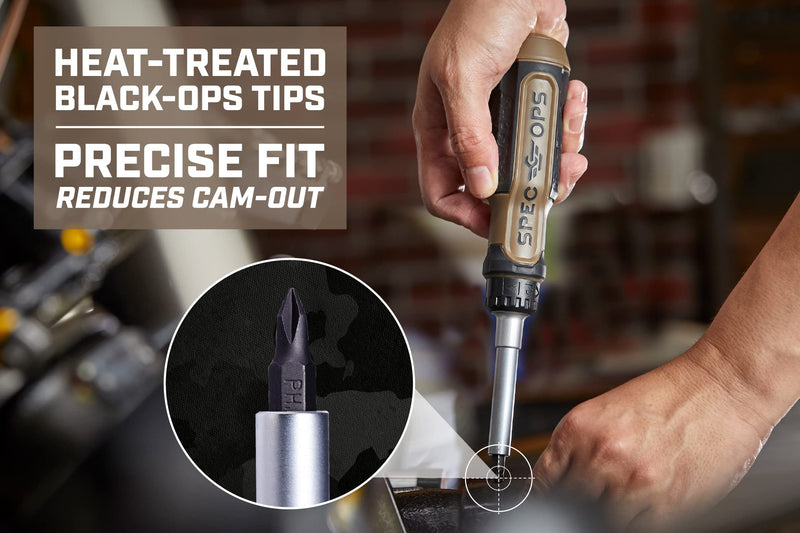 Spec Ops Tools Ratcheting Screwdriver, 12-in-1, Includes 6 Double-Sided S2 Steel Bits, Magnetic, Cr-Mo Steel Shaft, 3% Donated to Veterans Flat Dark Earth/Black Ratcheting, 12-in-1