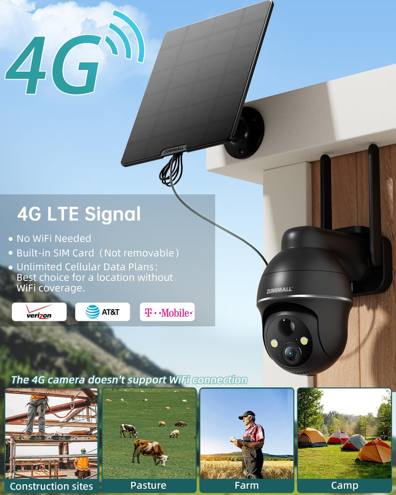 ZUMIMALL 4G LTE Cellular Solar Security Cameras Wireless Outdoor, 3MP No WiFi Cameras for Home Security, 360° Live View, 2K Color Night Vision, PIR Motion Sensor, 2 Way Talk, Built in SIM Card Black - 4G LTE Solar Cam