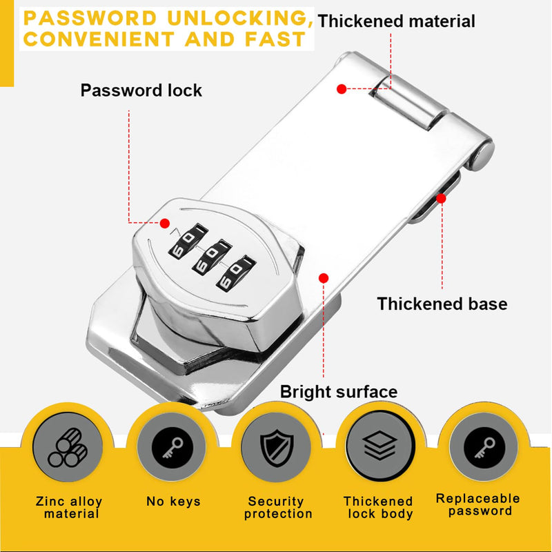 Keyless Combination Lock, 2 Pack Door Security Slide Latch Lock, Silver Password Rotary Hasp Locks for Small Doors, Cabinets, Barn Door, Bathroom, Outdoor, Garage, Garden 4 Inch