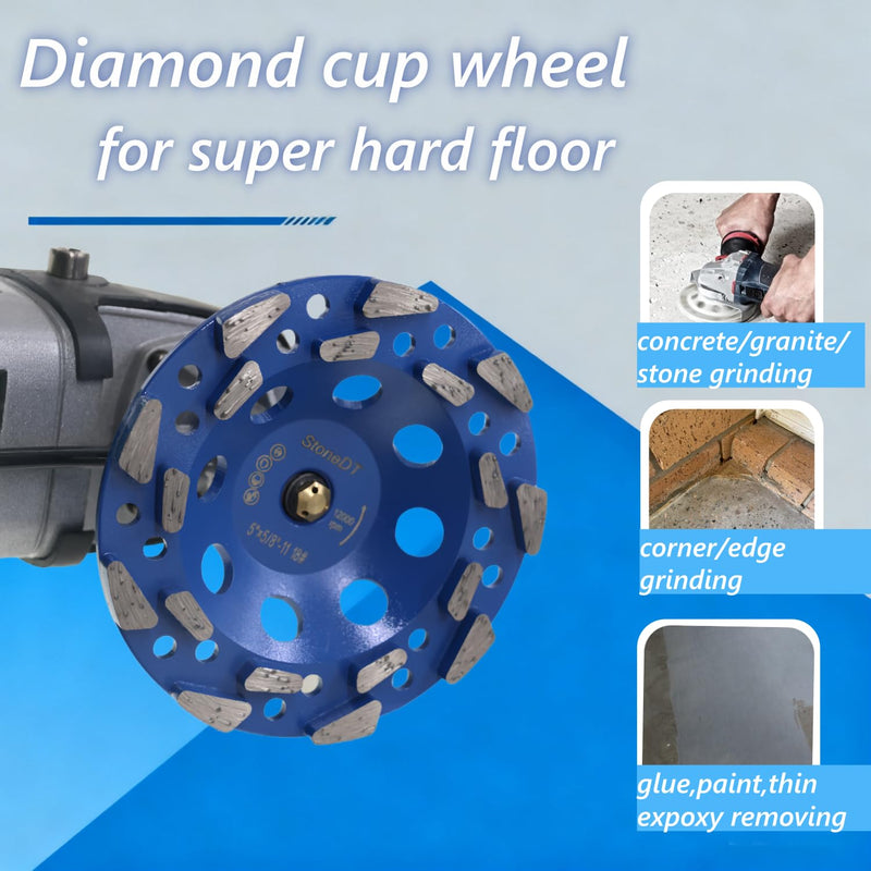 Diamond Grinding Cup Wheel, 5’’ High Performance Concrete Grinding Wheel for Marble Granite Thin Epoxy Coating Removal, 5/8"-11 Arbor, 18/20 Grit, 18 Segment 5''