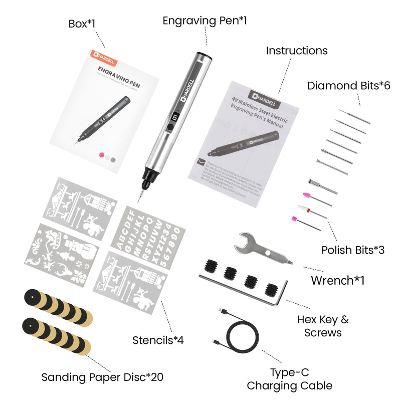 HARDELL Engraving Pen, 6 Speed, Rechargeable Engraver Pen for Artists & DIYers, Electric Engraving Tool with 41 Accessories, Engrave 60+ Surfaces, Engraving Pen for Metal, Wood, Glass and Plastic Silver