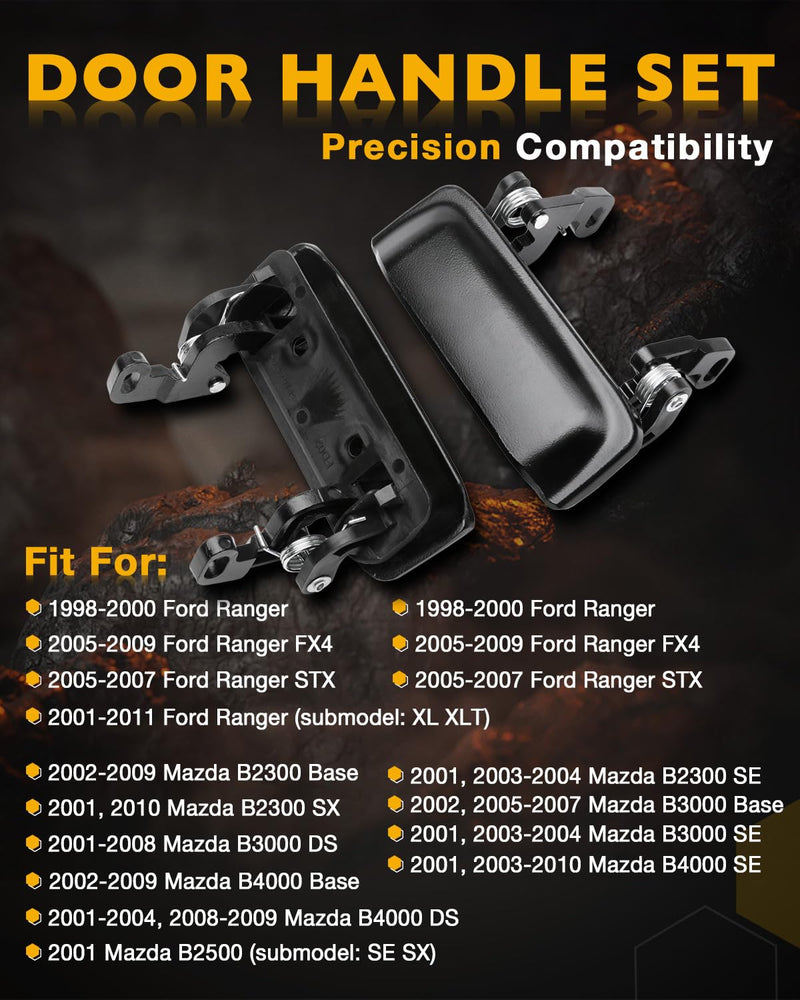 Metal Door Handle Set, Compatible with 1998-2011 Ford Ranger, 01-10 Mazda B2300 B3000 B4000, Front Driver & Right Passenger & Rear Tail Gate Latch Handle, OE# 2L5Z1022404BAA, FO1310134, 1L5Z9943400AAA 3 Pieces Tailgate & Outside Handles Metal Black