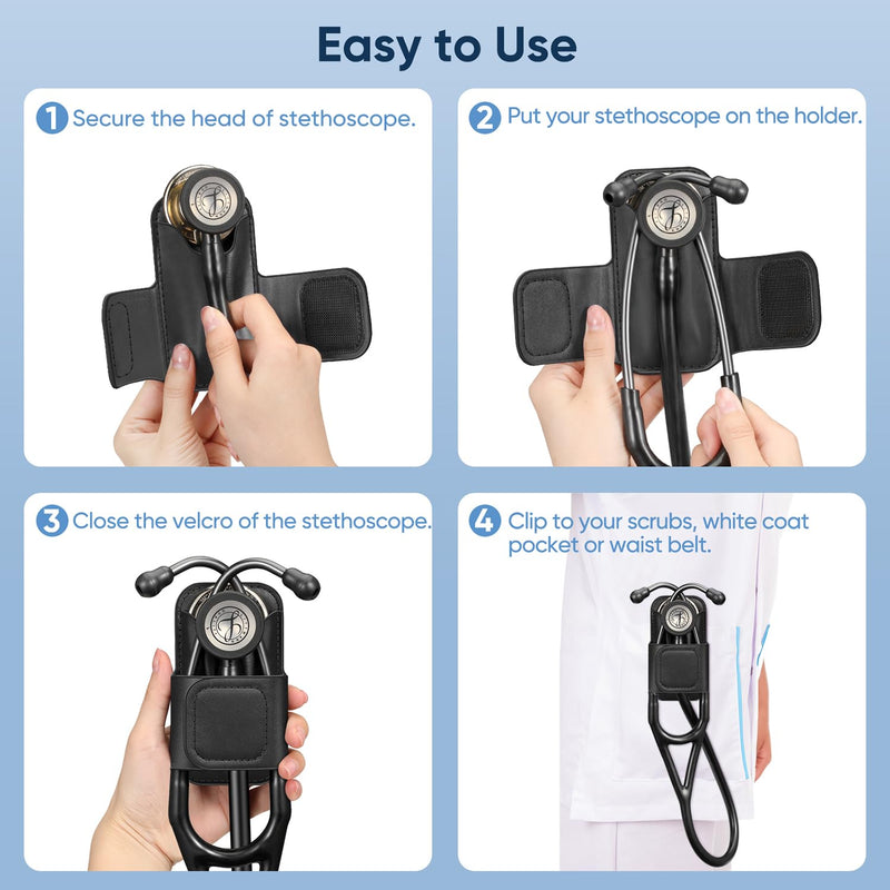 Stethoscope Holder Clip, PU Leather Stethoscope Hip Holder Lightweight Portable Holster for Physicians, Nurses, EMT, Medical Nursing Students, for 3M Littmann & Most Stethoscope, Black