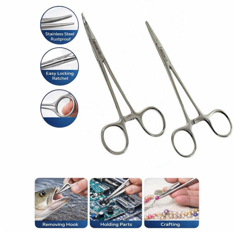 2Each Versatile Angling Tools 5 Inch Fishing Forceps Set - Stainless Steel, Curved & Straight Hemostats, Serrated Jaws, Locking Mechanism, and Lightweight Design Hemostat Forceps.