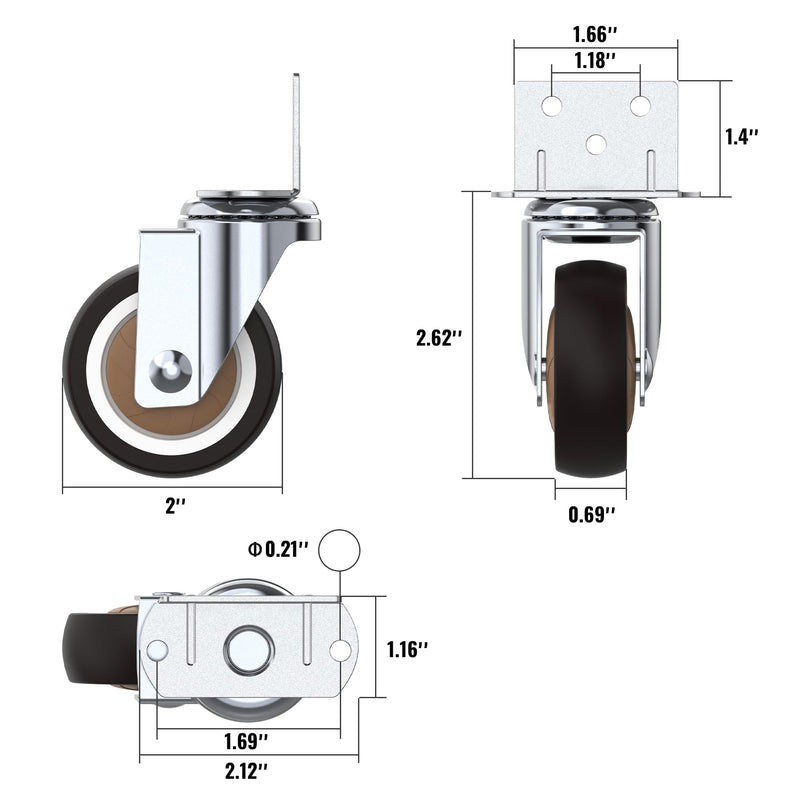HOLKIE 2 Inch Side Mount Casters Set of 4 Supporting Up to 250 LBS Heavy Duty Furniture Wheels with Thickened L-Shaped Mounting Plate Ideal for Coffe Tables、Plant Stands、Cribs（2 with Brakes） 2 Inch upgrade