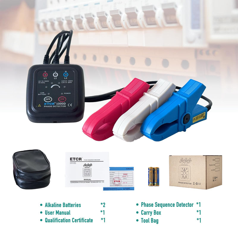 ETCR1000D Non-Contact Phase Sequence Tester Phase Rotation Meter | For insulated wires 0.4-1.6in (10-40mm) diameter, suitable for AC 70-1000V phase sequence testing